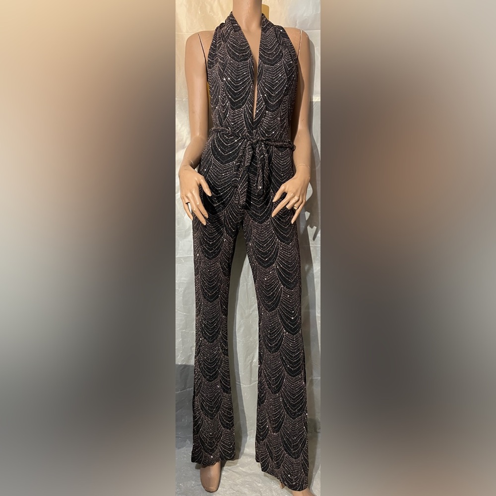 MEEK Chic Black Patterned Halter Jumpsuit Size M (Like New)